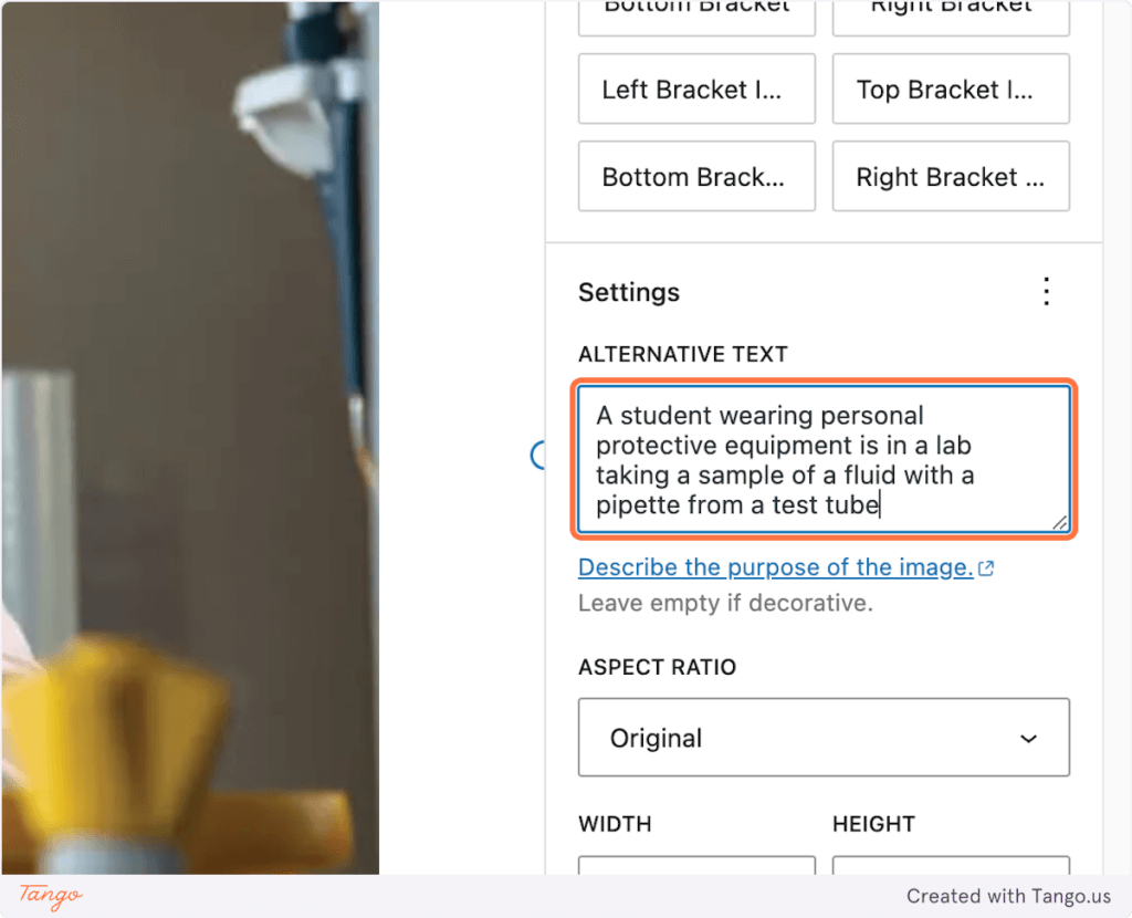 Graphical user interface for WordPress's content editor showing the field to enter alt text for an image block with the text added to it saying "A student wearing personal protective equipment is in a lap taking a sample of a fluid with a pipette from a test tube"