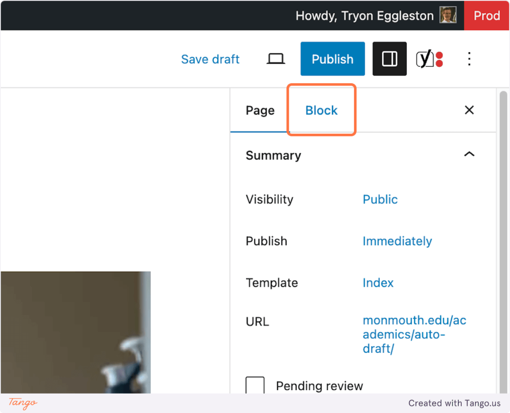 Graphical user interface for WordPress's content editor showing the block controls for an image block