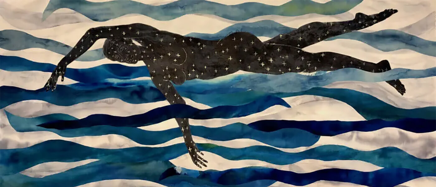 Night Swimmer Kimberly Callas Dyed Sekishu Paper, Dyed Muslin on Dyed Canvas 42 x 94 in