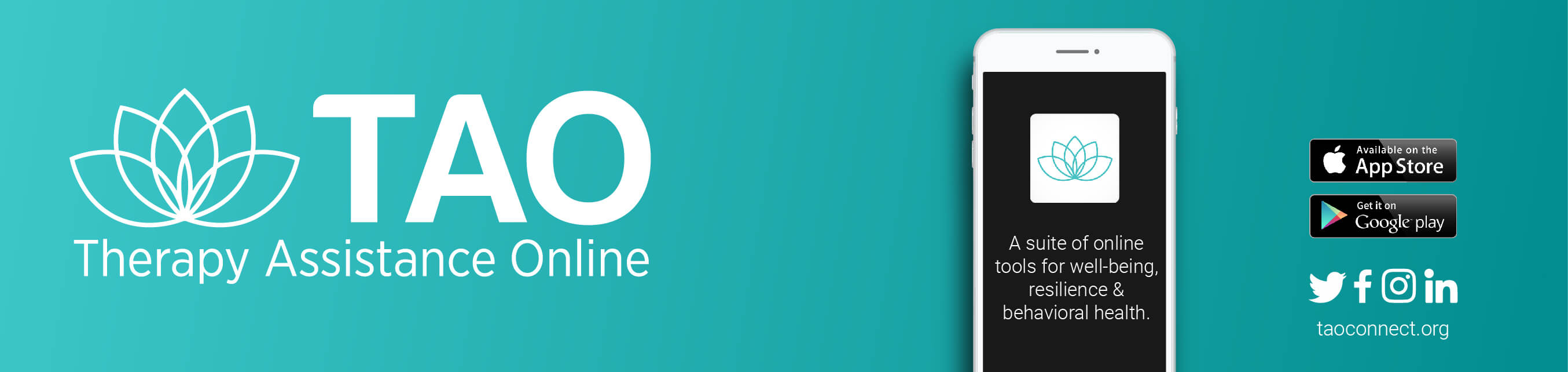The words "TAO Therapy ASsisted Online" to the left of an icon of a phone with the TAO app being used