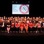 Photo shows English Student Awards Recipients and Fall 2018/Spring 2019 Inductees gathered on stage