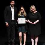 Photo shows Sabrina Arnold (center) with Professors Gilvarry and Swanson