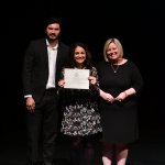 Photo shows Lauren Calabro (center) with Professors Gilvarry and Swanson