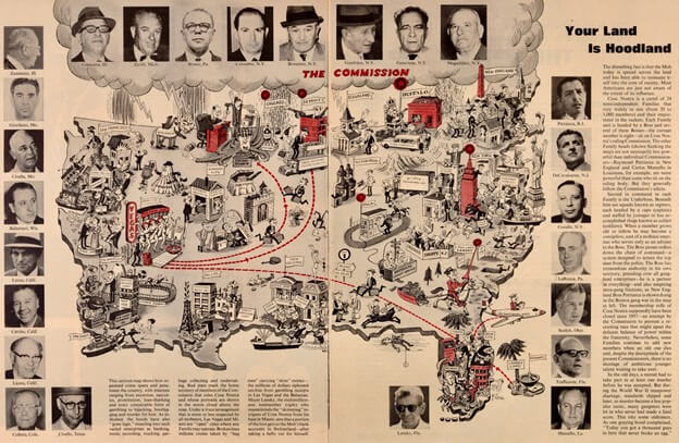 An illustration from Life Magazine titled "Your Land is Hoodland", showcasing a network of criminal activities across a map of the United States