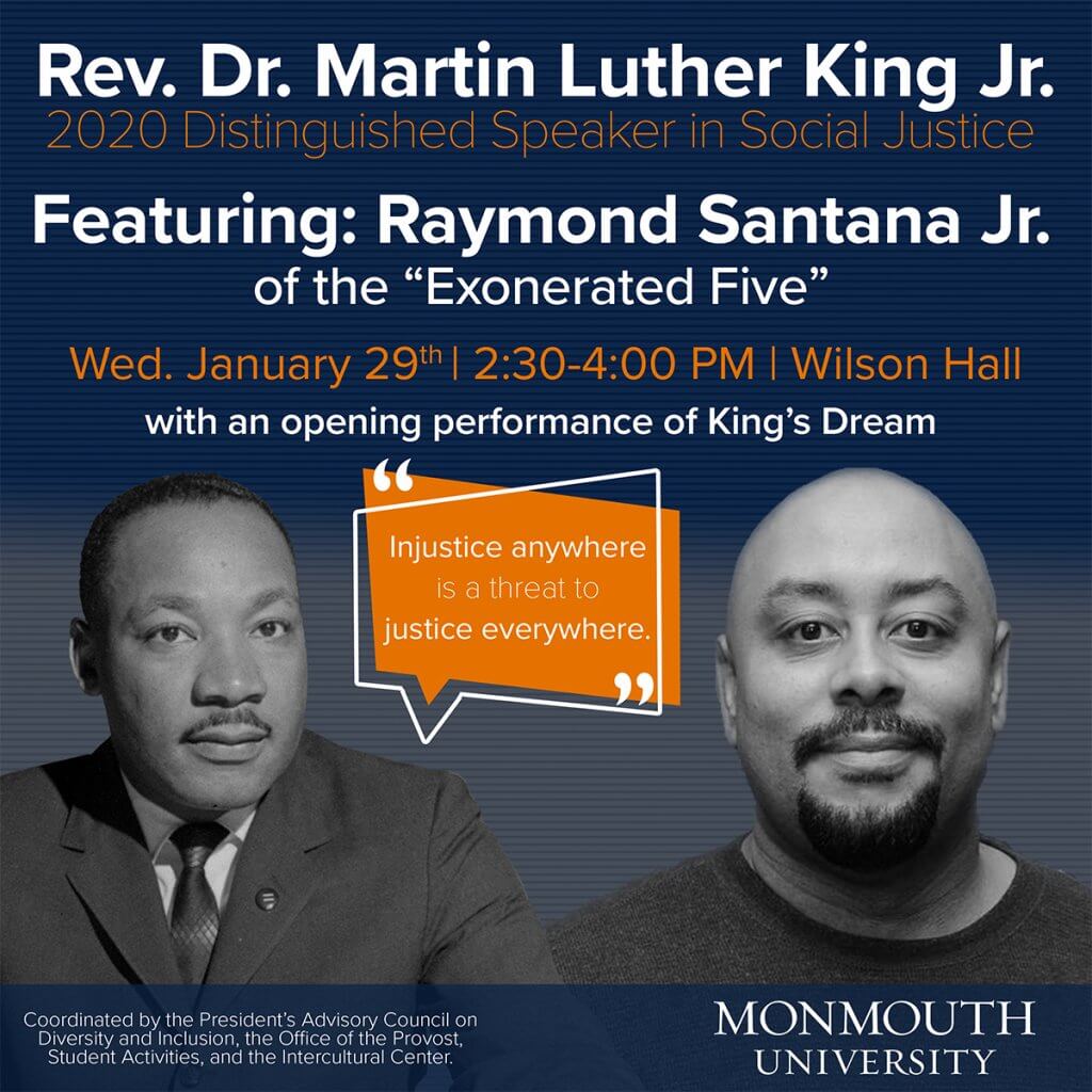 Photo image of poster announcing 2020 Distinguished Speaker in Social Justice Raymond Santana Jr. at Monmouth University