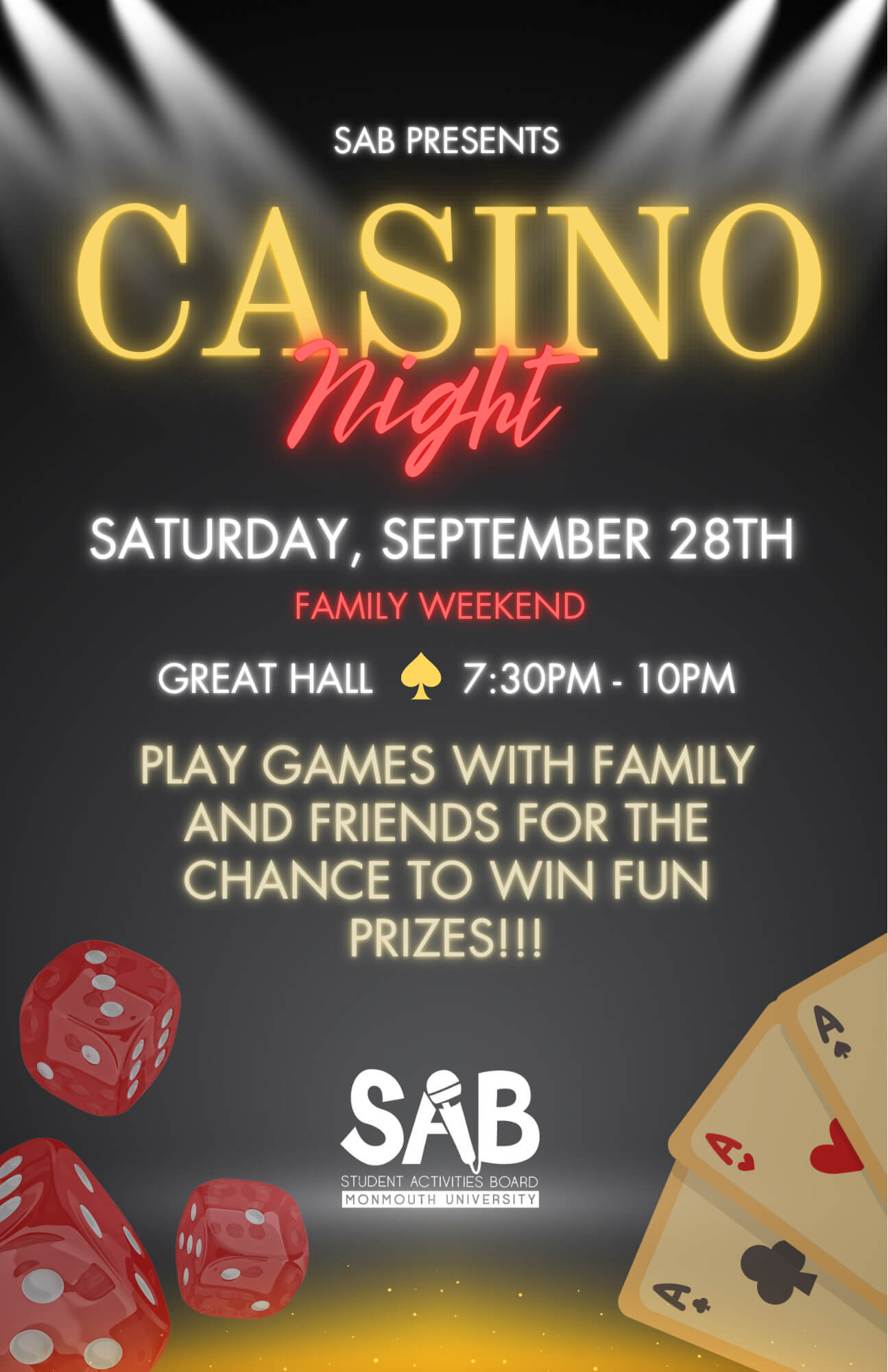 Image of a flyer used to promote casino night for family weekend.