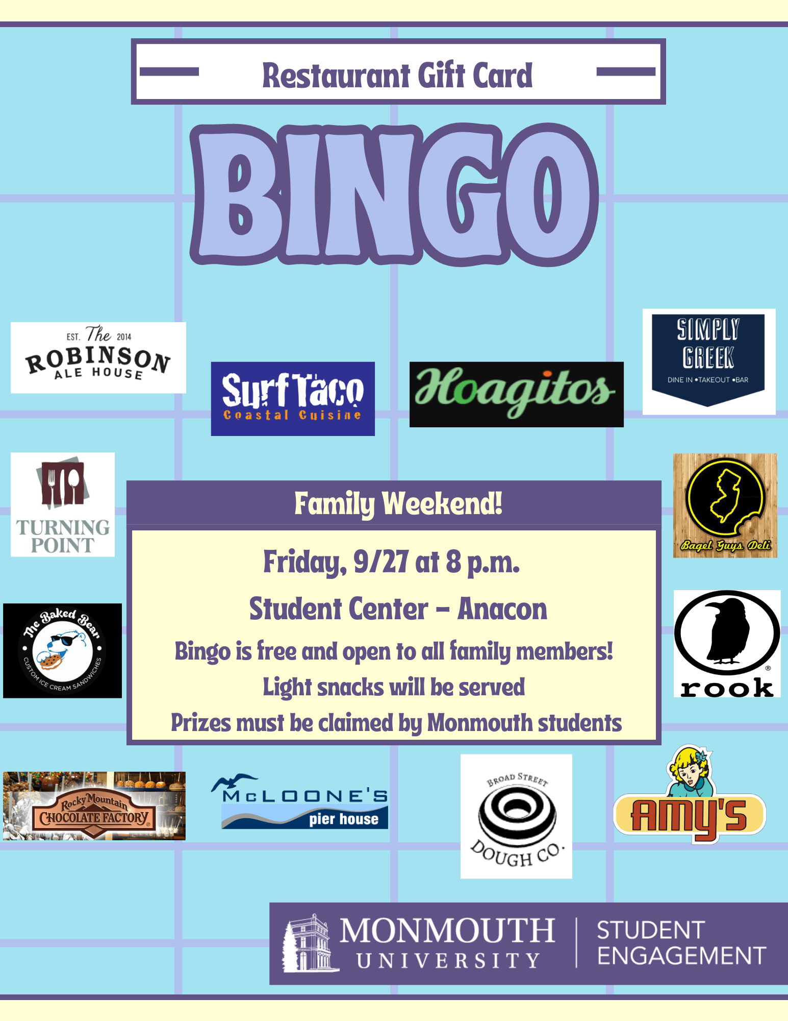 Flyer displaying the details of Family Weekend Bingo