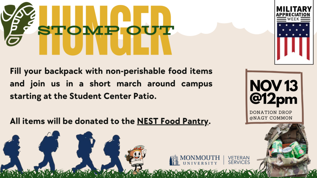 Fill your backpack with non-perishable food items and join us in a short march around campus starting at the Student Center Patio on Wednesday, November 13th at 12 pm. You'll get to experience what it feels like to do a ruck march on a small scale by marching from the Student Center, around the Res Quad and back to the Student Center. Don't want to march? You can also drop off donations at the Student Center Patio! A ruck march is a test of physical and mental endurance for military members where they carry over 25lbs of gear for 6-15 miles.