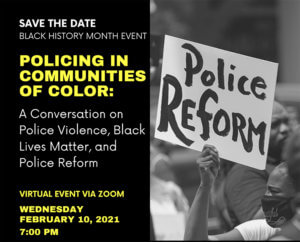 Click image to view and download flyer for Policing in Communities of Color event sponsored by BADFU at Monmouth University