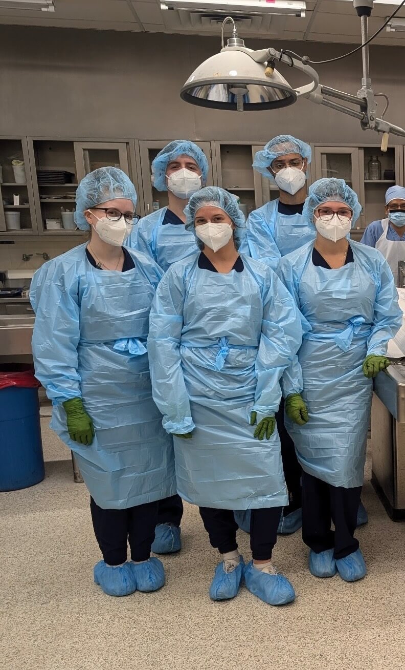 Students in blue medical gowns, blue hair nets, and medical face masks