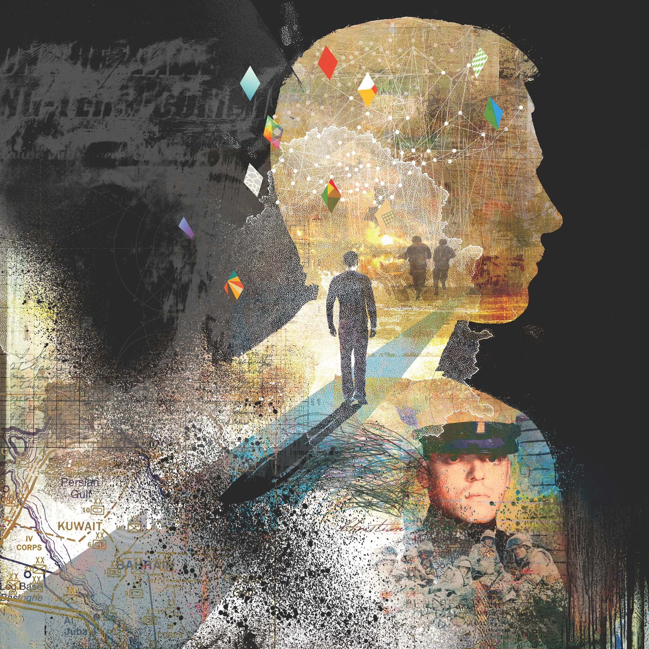 An illustration depicting the inner-turmoil of a soldier with PTSD