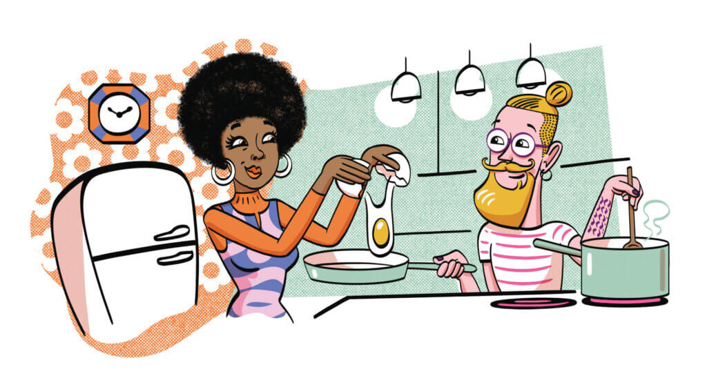 An illustration of a woman dressed in 70s-era clothes cooking in a 70s-era kitchen contrasted with a man in modern day clothes cooking in a modern looking kitchen.