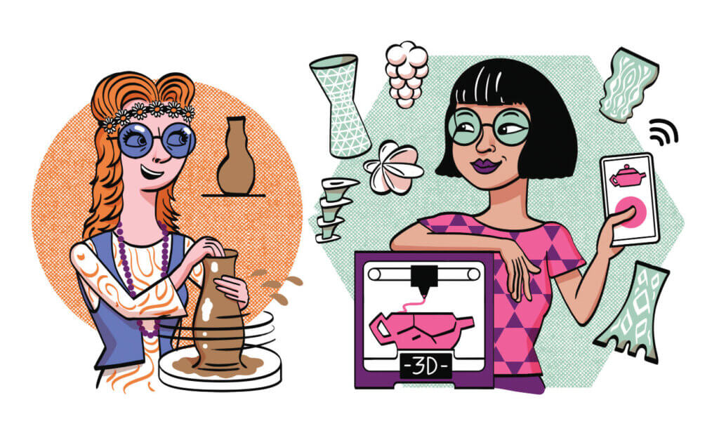 An illustration of a woman dressed in 70s-era clothes spinning a pottery wheel contrasted with a woman in modern day clothes using a 3-D printer for her craft.