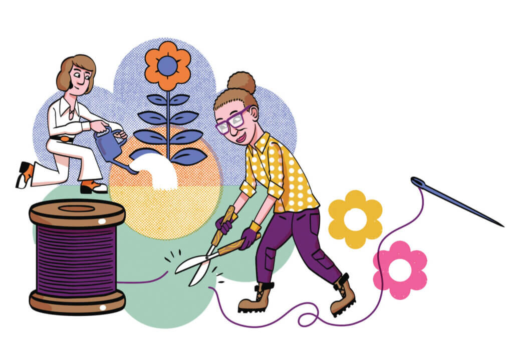An illustration of a man dressed in 70s-era clothes watering a flower contrasted with a woman in modern day clothes cutting a string from a sewing spool pin with a pair of scissors. 
