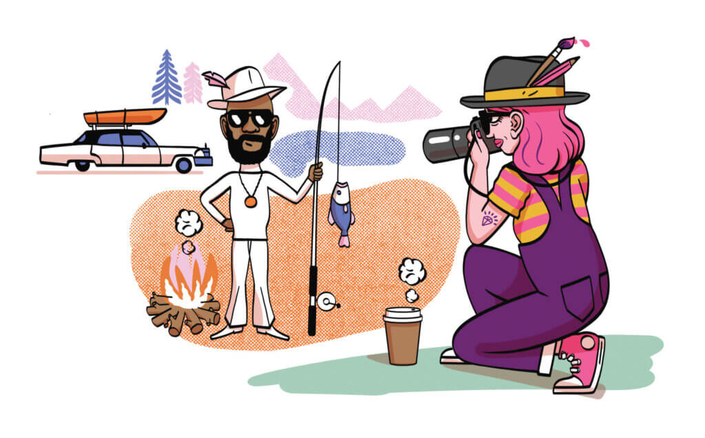 An illustration of a man dressed in 70s-era clothes with a fishing rod standing next to a campfire contrasted with a woman in modern day clothes taking photos with a camera. 
