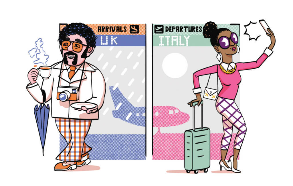 An illustration of a man dressed in 70s-era clothes exiting a plane from the UK contrasted with a woman in modern day clothes departing to Italy. 