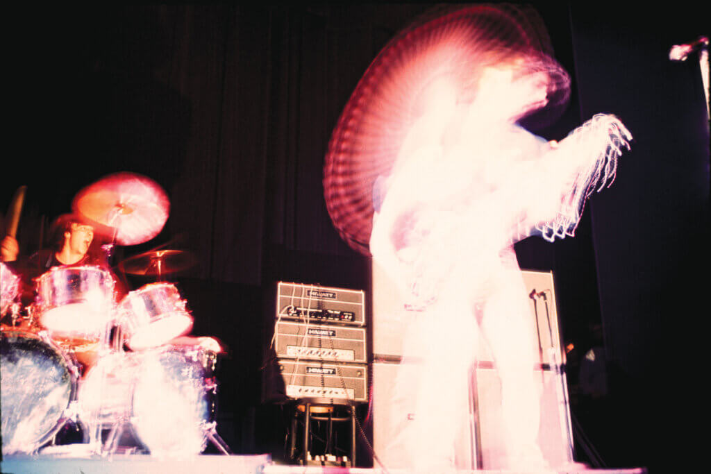 A photo of Keith Moon and Pete Townshend of the Who performing at the Fillmore East, New York in May 1969; taken by Mike Frankel.