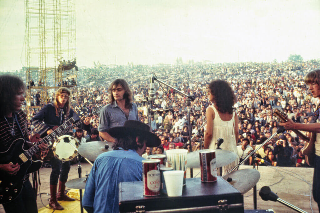 A photo of Jefferson Airplane performing at Woodstock in August 1969; taken by Mike Frankel.