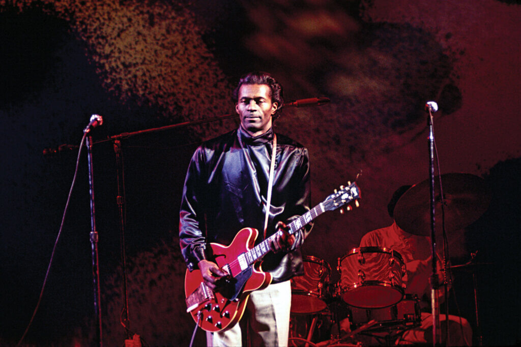 A photo of Chuck Berry performing at the Fillmore East, New York in February 1969; taken by Mike Frankel.