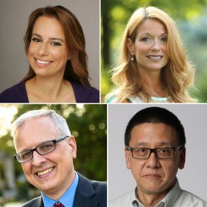 Photo shows individual headshots of (clockwise from top) Julie Roginsky; Jeanette Hoffman; David Chen; and Patrick Murray