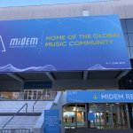 Photo shows entrance to convention center hosting Midem music industry event in France