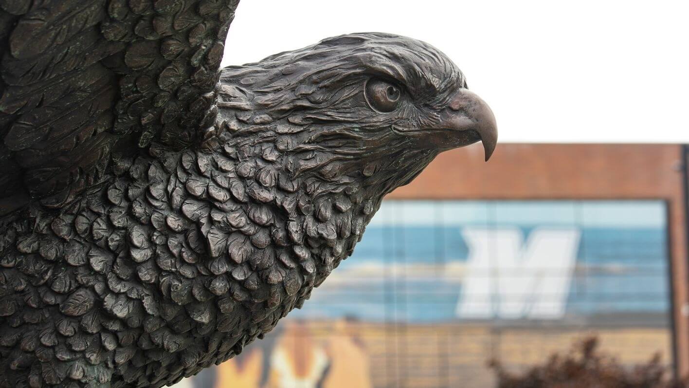 Close up view of head of Hawk sculpture outside of OceanFirst Bank Center
