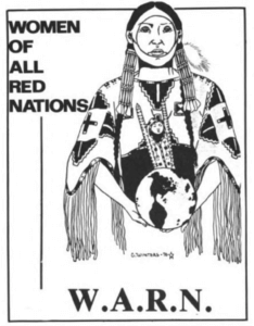 Drawing of a Native American woman, holding a sphere of planet earth. from what was the cover of of a Women of All Red Nations (WARN) newsletter.