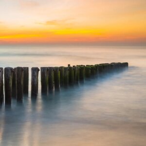 Moody picture of pier pilings at sunrise