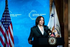 Vice President Kamala Harris at podium