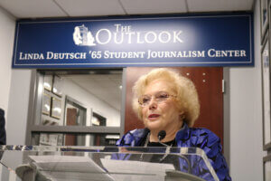 Veteran journalist Linda Deutsch, 1965 graduate of Monmouth College, is honored with a dedication of the Linda Deutsch Center for Journalism where the Outlook student newspaper office resides in the Jules Plangere building after establishing a bequest. November 11, 2019.