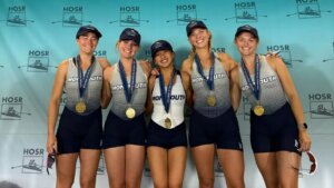 Members of Freshman 4+ squad Ashlyn White, Audréanne Gill, Juliette Freure, Ashlyn Fehr, and coxswain Audrey Copeland