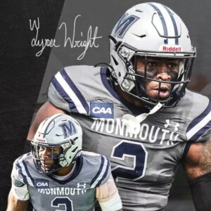 Composite illustration of Tyrese Wright in Monmouth University Football outfit