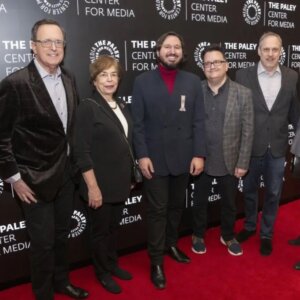 Partial image of panelists for screening of movie, Beatles '64