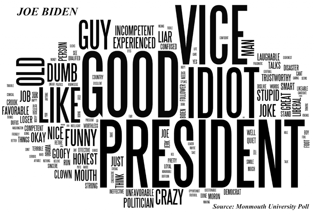 Image Shows Word Cloud Generated by Voter Responses Regarding Joe Biden