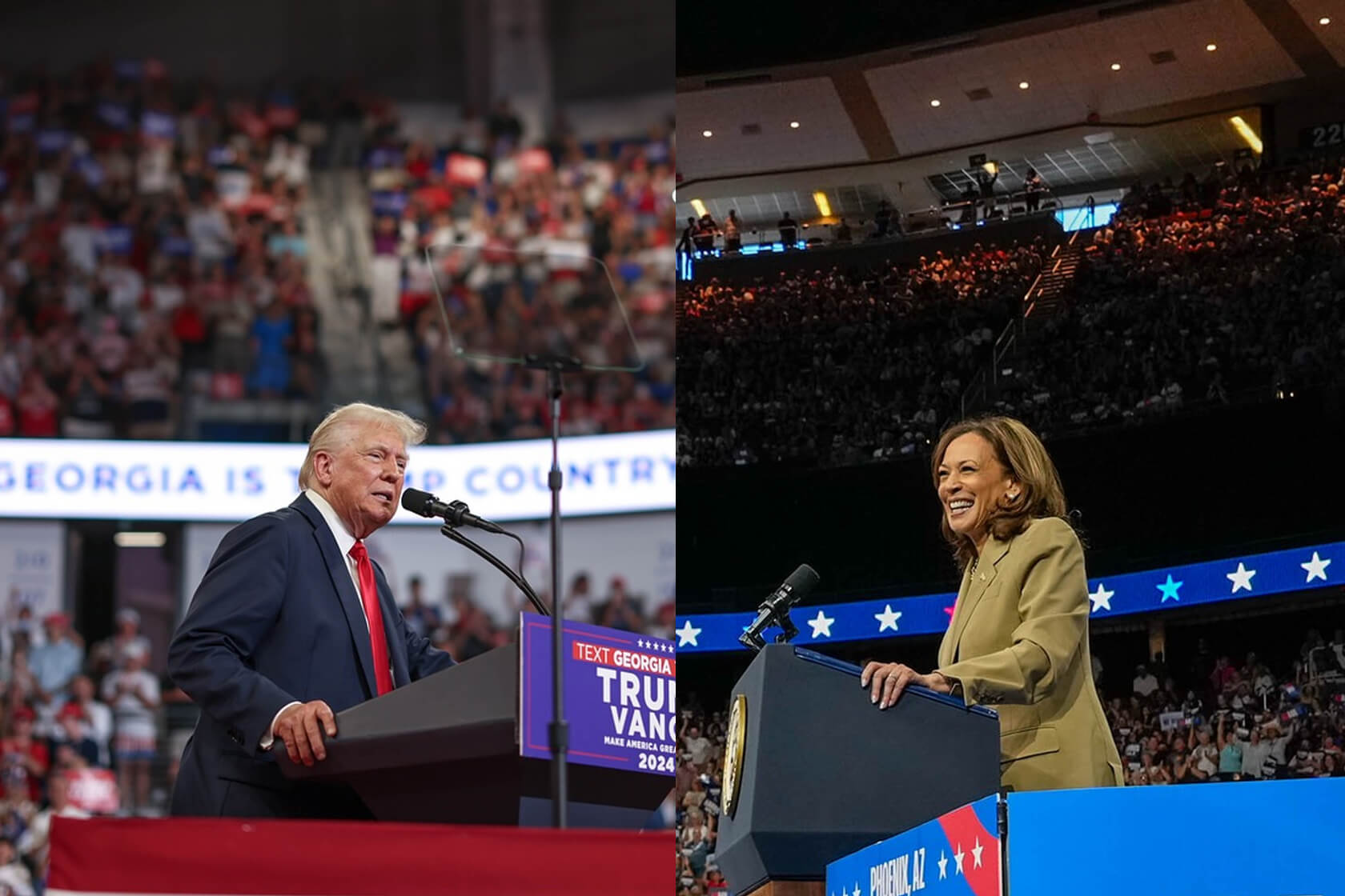 Image of Former President Trump and Vice President Harris at rallies