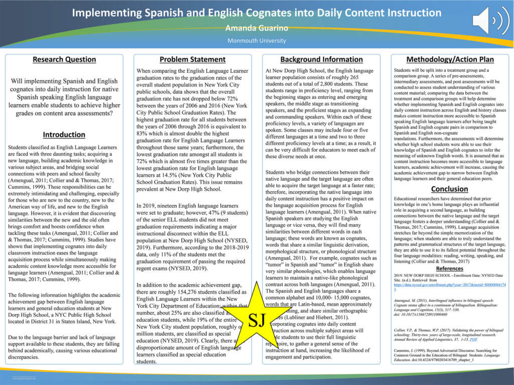 Poster Image: Implementing Spanish and English Cognates into Daily Content Instruction by Amanda Guarino