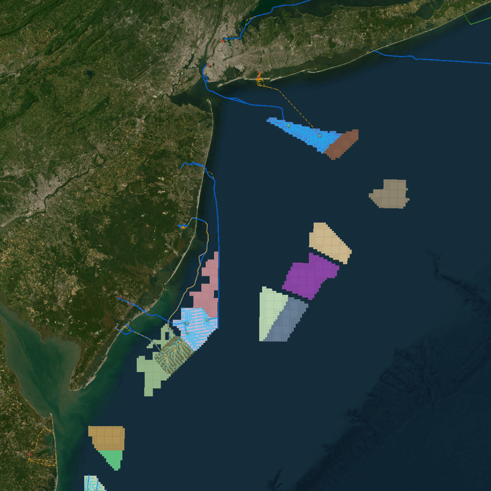 A map depicting offshore wind project areas off the New Jersey coast.