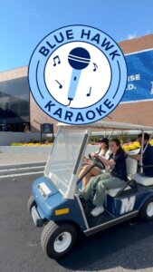 Bruce, karaoke, and golf cart rides—does it get any better? 🎤🚙🎶#MonmouthU #BlueHawkRecords #BlueHawkKaraoke